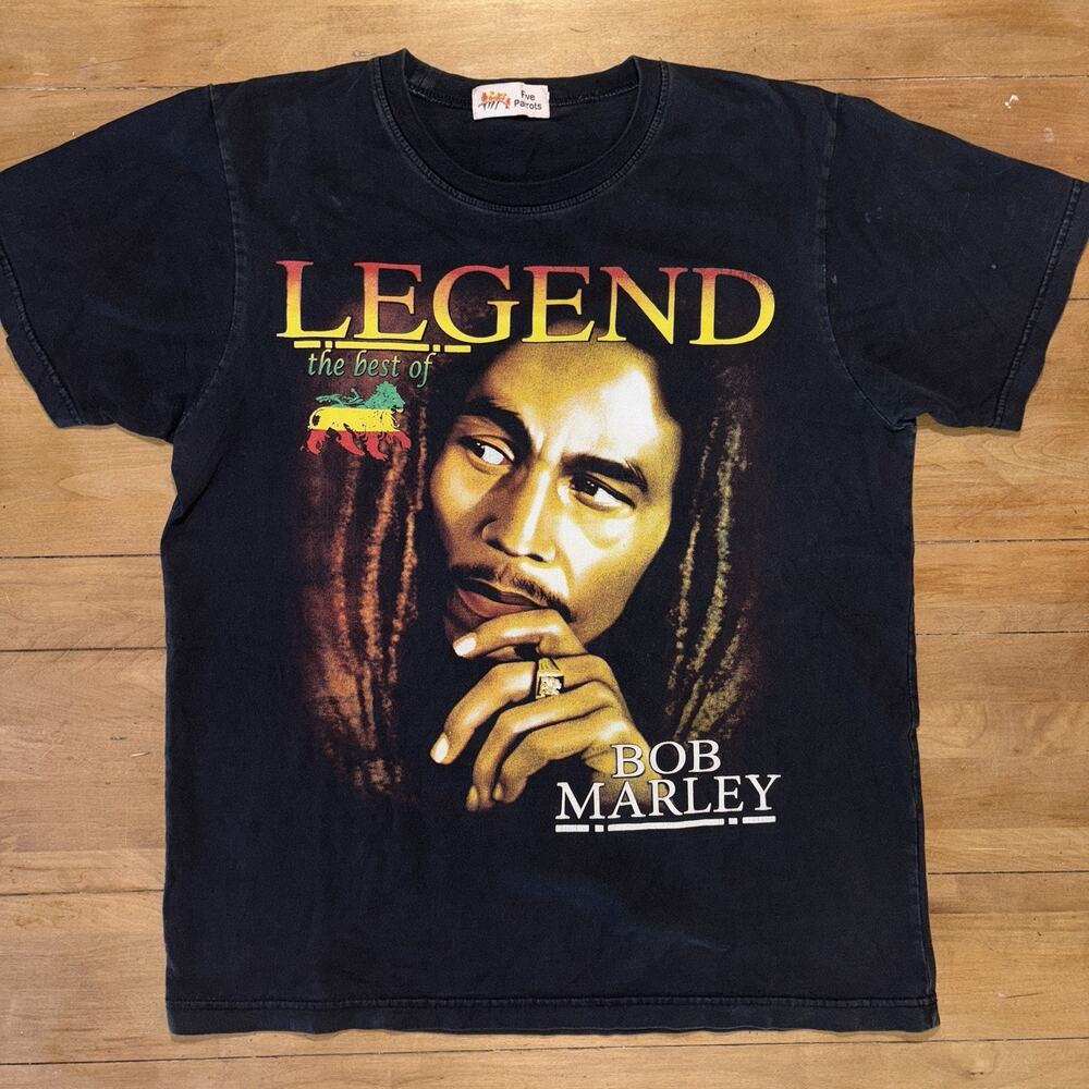 Bob Marley "Legend" Black Graphic T-Shirt - Portrait with Lion of Judah Rap Tee